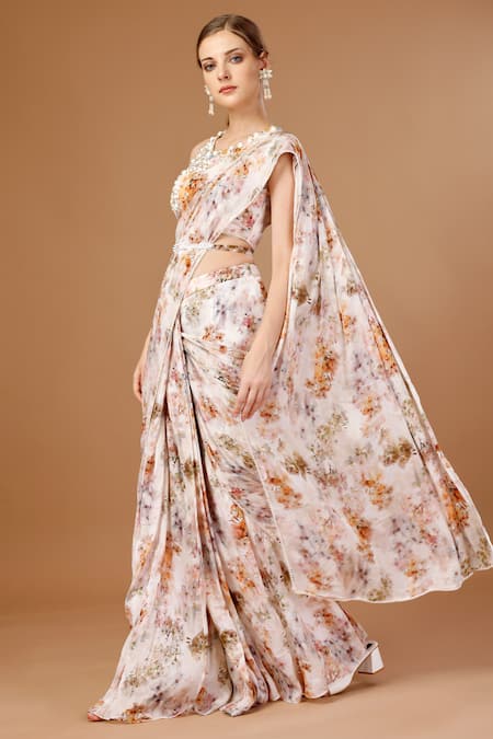 Buy_Merge Design_Peach Chiffon Pearls, Embroidery Round Neck Printed Pre-draped Saree With Blouse _Online_at_Aza_Fashions