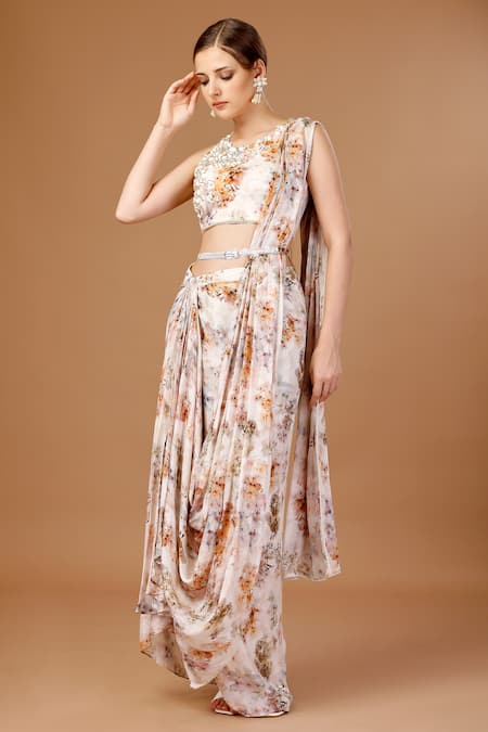 Merge Design Floral Print Pre-Draped Saree With Blouse 