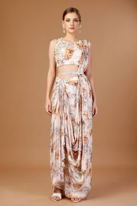 Buy_Merge Design_Peach Crepe Pearls, Embroidery Round Floral Print Pre-draped Saree With Blouse _Online_at_Aza_Fashions