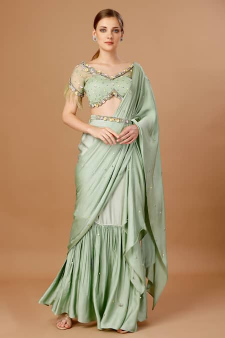 Merge Design Embroidered Pre-Draped Saree With Blouse 