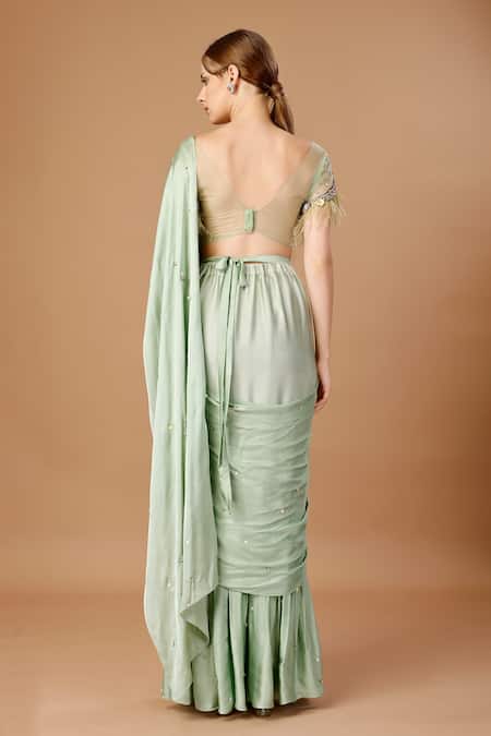 Merge Design_Green Modal, Satin Pearls, Sequins Embroidered Pre-draped Saree With Blouse _Online_at_Aza_Fashions