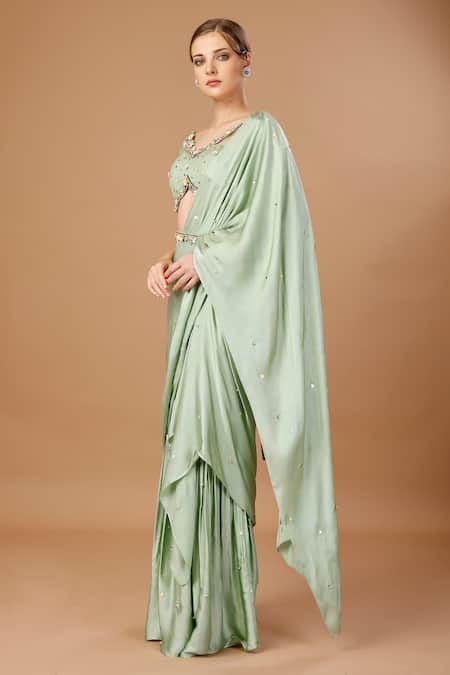 Buy_Merge Design_Green Modal, Satin Pearls, Sequins Embroidered Pre-draped Saree With Blouse _Online_at_Aza_Fashions