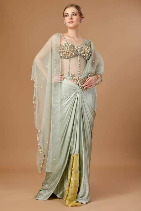 Merge Design Embroidered Pre-Draped Saree With Corset 