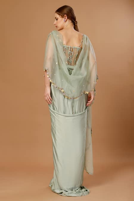 Merge Design_Green Modal, Net, Organza Pearls, Embroidered Pre-draped Saree With Corset _Online_at_Aza_Fashions