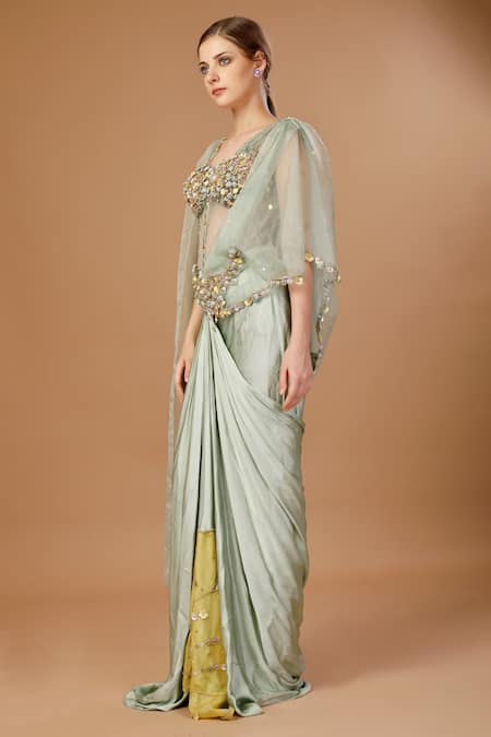 Buy_Merge Design_Green Modal, Net, Organza Pearls, Embroidered Pre-draped Saree With Corset _Online_at_Aza_Fashions