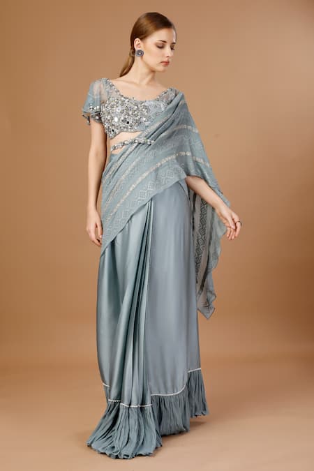 Merge Design Embroidered Pre-Draped Saree Set With Dupatta 