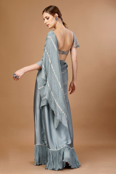 Merge Design_Blue Modal, Satin, Net, Georgette Embroidered Pre-draped Saree Set With Dupatta _Online_at_Aza_Fashions