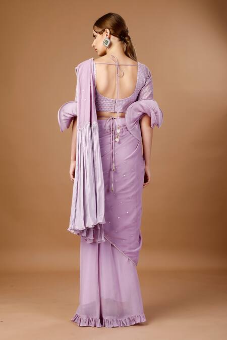Merge Design_Purple Chiffon, Georgette Sequins, Embroidery Draped Saree Skirt Blouse Set _Online_at_Aza_Fashions