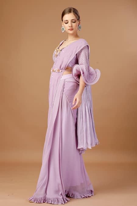 Buy_Merge Design_Purple Chiffon, Georgette Sequins, Embroidery Draped Saree Skirt Blouse Set _Online_at_Aza_Fashions