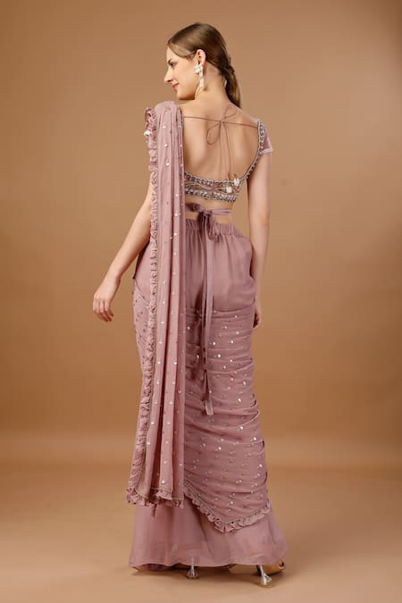 Merge Design_Pink Georgette, Chiffon, Net Sequins, Draped Saree Skirt Blouse Set _Online_at_Aza_Fashions
