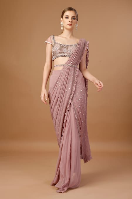Buy_Merge Design_Pink Georgette, Chiffon, Net Sequins, Draped Saree Skirt Blouse Set _Online_at_Aza_Fashions