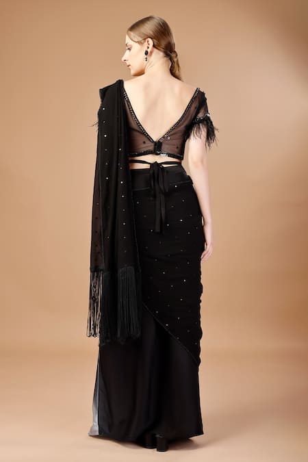 Merge Design_Black Modal, Satin, Net Sequins V-neck Pre-draped Work Saree With Blouse _Online_at_Aza_Fashions