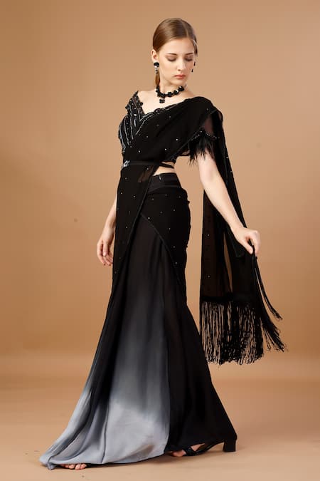 Buy_Merge Design_Black Modal, Satin, Net Sequins V-neck Pre-draped Work Saree With Blouse _Online_at_Aza_Fashions