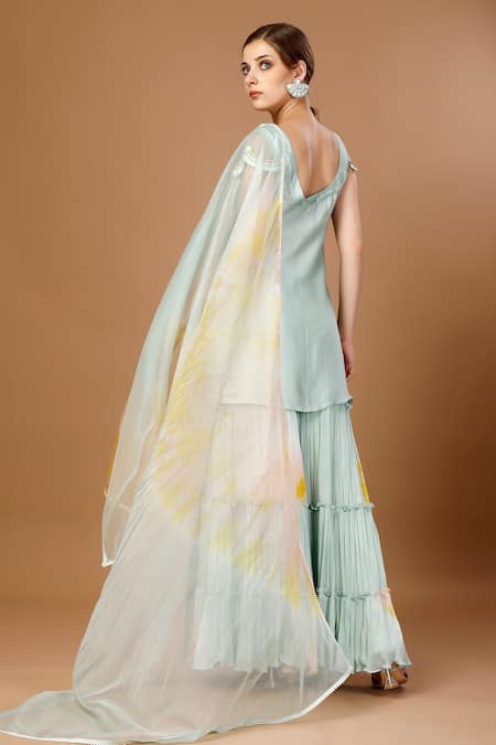 Merge Design_Green Modal, Organza, Satin Beads, Sequins, Cut Embroidered Tunic Sharara Set _Online_at_Aza_Fashions