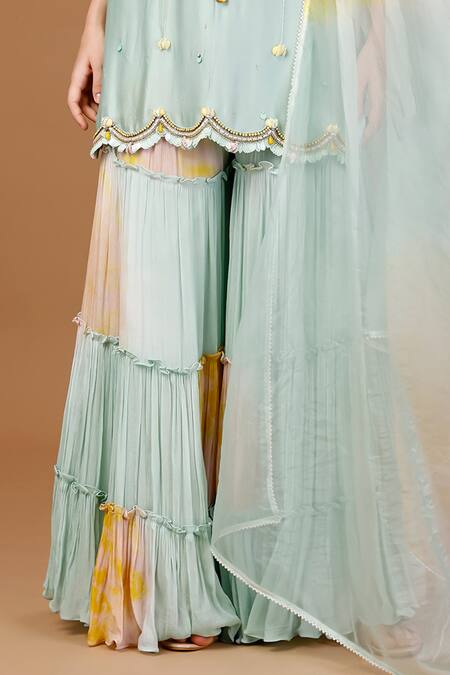 Buy Merge Design Green Modal, Organza, Satin Beads, Sequins, Cut Embroidered Tunic Sharara Set Online at Aza Fashions Buy_Merge Design_Green Modal, Organza, Satin Beads, Sequins, Cut Embroidered Tunic Sharara Set _Online_at_Aza_Fashions