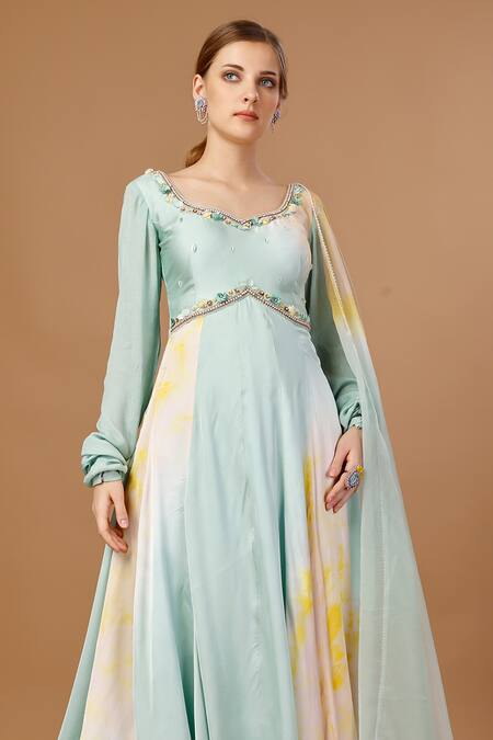 Buy_Merge Design_Green Modal, Satin, Organza Sequins Ombre Anarkali Pant Set _Online_at_Aza_Fashions
