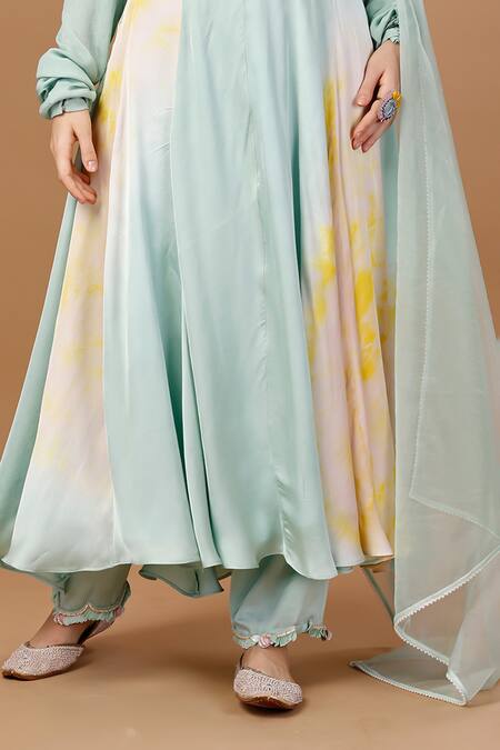 Shop_Merge Design_Green Modal, Satin, Organza Sequins Ombre Anarkali Pant Set _Online_at_Aza_Fashions