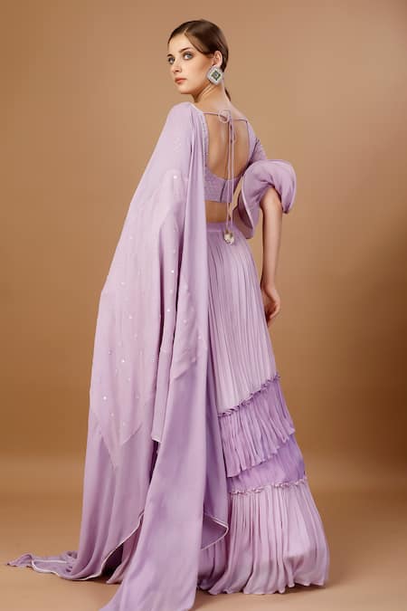 Merge Design_Purple Georgette, Chiffon Sequins, Ruffles V-neck Shell And Work Blouse Skirt Set _Online_at_Aza_Fashions