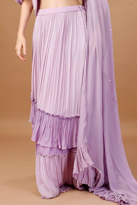 Buy Merge Design Purple Georgette, Chiffon Sequins, Ruffles V-neck Shell And Work Blouse Skirt Set Online at Aza Fashions Buy_Merge Design_Purple Georgette, Chiffon Sequins, Ruffles V-neck Shell And Work Blouse Skirt Set _Online_at_Aza_Fashions