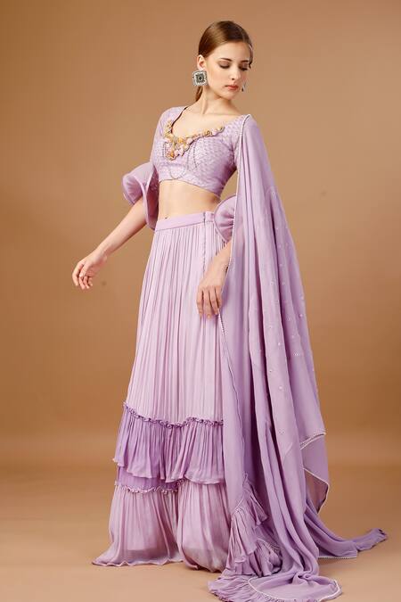 Shop_Merge Design_Purple Georgette, Chiffon Sequins, Ruffles V-neck Shell And Work Blouse Skirt Set _Online_at_Aza_Fashions