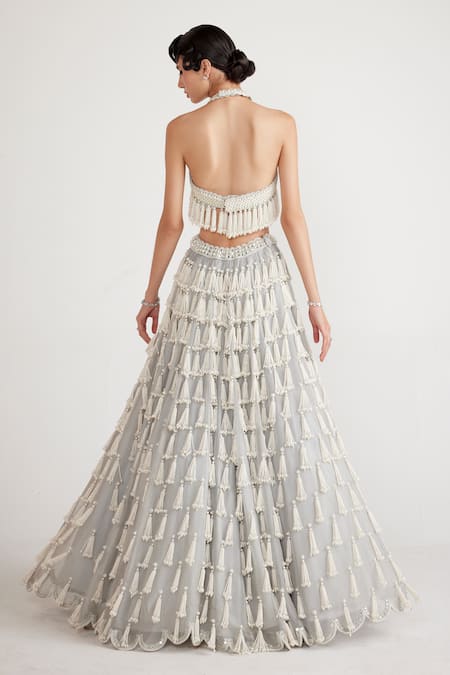 Vvani By Vani Vats Chandelier Pearl Drop Skirt & Crop Top Set 