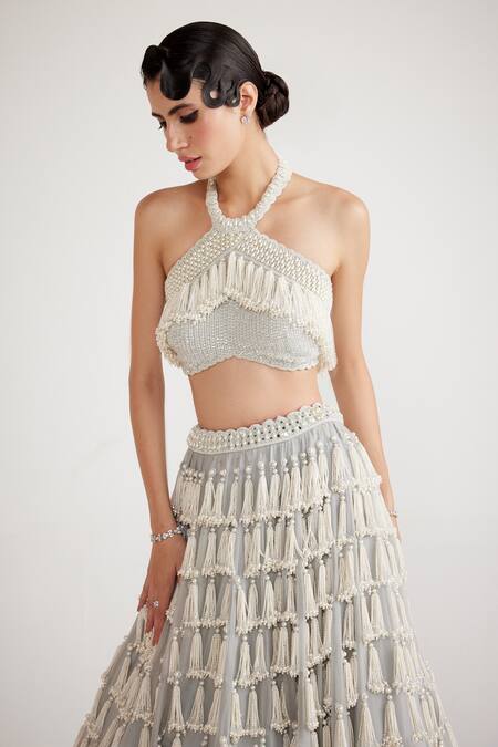 Vvani By Vani Vats_Grey Georgette, Organza Pearls Halter Neck Chandelier Drop Skirt And Top Set _Online_at_Aza_Fashions