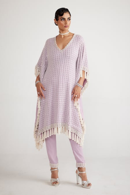 Vvani by Vani Vats Purple Georgette Embellished Chandelier Pearl Drop V Kaftan And Pant Set  