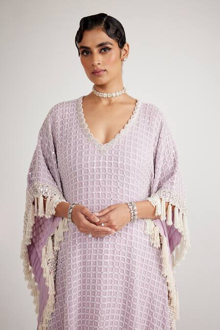 Vvani By Vani Vats_Purple Georgette Pearls V-neck Chandelier Drop Kaftan And Pant Set _Online_at_Aza_Fashions
