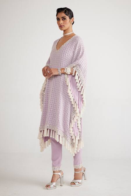 Buy_Vvani By Vani Vats_Purple Georgette Pearls V-neck Chandelier Drop Kaftan And Pant Set _Online_at_Aza_Fashions