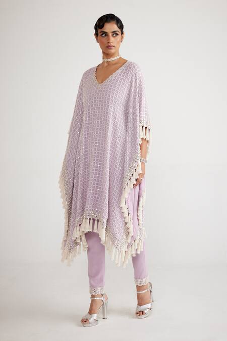 Shop_Vvani By Vani Vats_Purple Georgette Pearls V-neck Chandelier Drop Kaftan And Pant Set _Online_at_Aza_Fashions