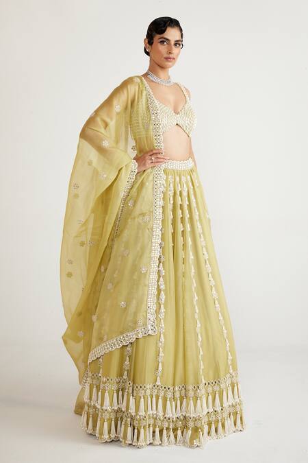 Vvani By Vani Vats Green Georgette, Organza Pearls, Beads Chandelier Drop Bridal Lehenga Set Online at Aza Fashions Vvani By Vani Vats_Green Georgette, Organza Pearls, Beads Chandelier Drop Bridal Lehenga Set _Online_at_Aza_Fashions