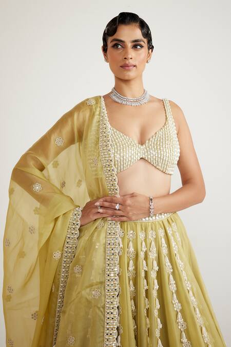 Buy Vvani By Vani Vats Green Georgette, Organza Pearls, Beads Chandelier Drop Bridal Lehenga Set Online at Aza Fashions Buy_Vvani By Vani Vats_Green Georgette, Organza Pearls, Beads Chandelier Drop Bridal Lehenga Set _Online_at_Aza_Fashions