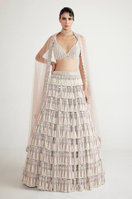 Vvani By Vani Vats Pink Georgette, Net Pearls Plunge Chandelier Embellished Bridal Lehenga Set 