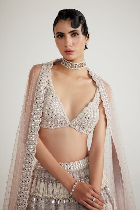 Vvani By Vani Vats_Pink Georgette, Net Pearls Plunge Chandelier Embellished Bridal Lehenga Set _Online_at_Aza_Fashions