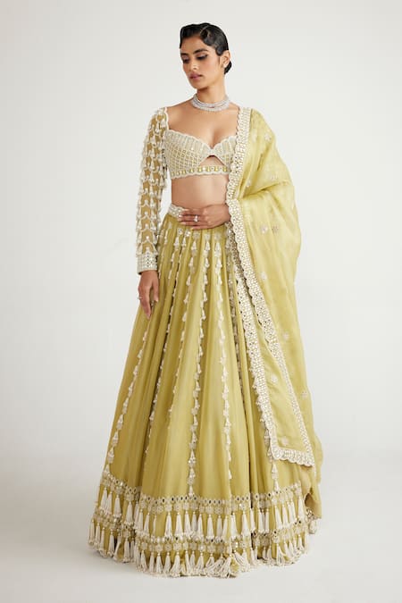 Vvani By Vani Vats Green Georgette, Organza Pearls, Chandelier Drop Embellished Bridal Lehenga Set 