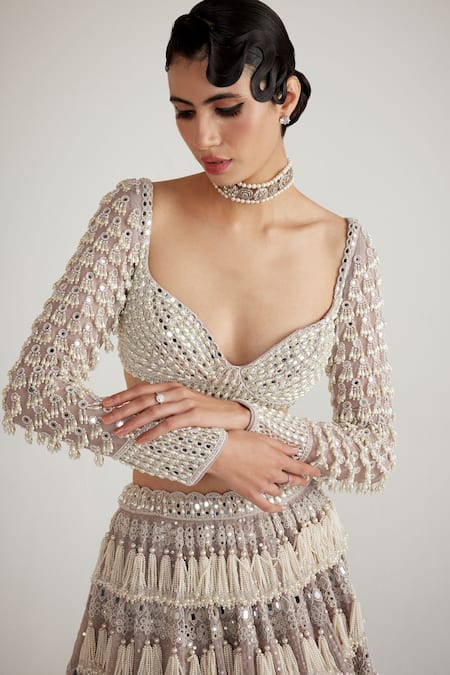 Vvani By Vani Vats Pink Georgette, Net Embroidery, Pearls Chandelier Drop Work Bridal Lehenga Set Online at Aza Fashions Vvani By Vani Vats_Pink Georgette, Net Embroidery, Pearls Chandelier Drop Work Bridal Lehenga Set _Online_at_Aza_Fashions