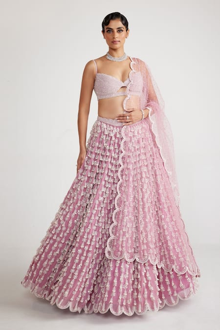 Vvani By Vani Vats Pink Georgette, Net Pearls Sweetheart Chandelier Tassel Work Bridal Lehenga Set 