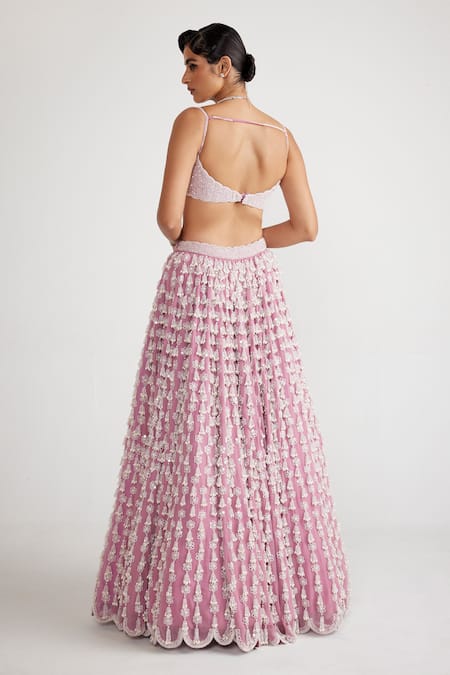 Vvani By Vani Vats_Pink Georgette, Net Pearls Sweetheart Chandelier Tassel Work Bridal Lehenga Set _Online_at_Aza_Fashions