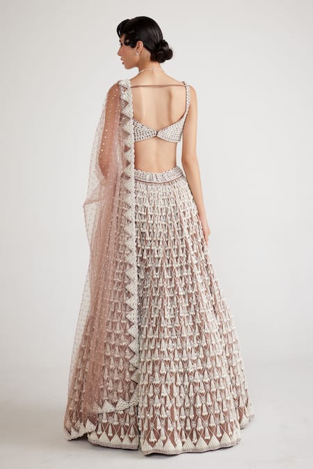 Shop_Vvani By Vani Vats_Beige Georgette, Net Pearls Chandelier Tassel Embellished Bridal Lehenga Set _at_Aza_Fashions