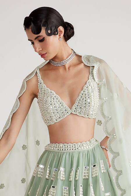 Vvani By Vani Vats Green Georgette, Organza Geometric Chandelier Embellished Bridal Lehenga Set Online at Aza Fashions Vvani By Vani Vats_Green Georgette, Organza Geometric Chandelier Embellished Bridal Lehenga Set _Online_at_Aza_Fashions