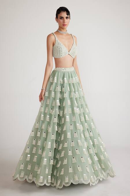 Shop Vvani By Vani Vats Green Georgette, Organza Geometric Chandelier Embellished Bridal Lehenga Set Online at Aza Fashions Shop_Vvani By Vani Vats_Green Georgette, Organza Geometric Chandelier Embellished Bridal Lehenga Set _Online_at_Aza_Fashions