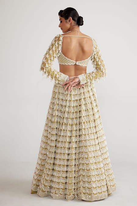 Shop_Vvani By Vani Vats_Green Georgette, Net Pearls Scalloped Chandelier Embellished Bridal Lehenga Set _at_Aza_Fashions