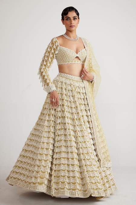 Vvani By Vani Vats_Green Georgette, Net Pearls Scalloped Chandelier Embellished Bridal Lehenga Set _Online_at_Aza_Fashions