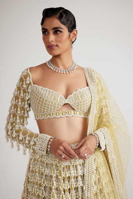 Shop_Vvani By Vani Vats_Green Georgette, Net Pearls Scalloped Chandelier Embellished Bridal Lehenga Set _Online_at_Aza_Fashions