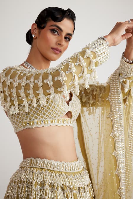 Vvani By Vani Vats_Green Georgette, Net Pearls Scalloped Chandelier Embellished Bridal Lehenga Set _at_Aza_Fashions