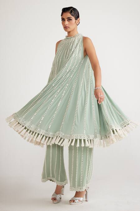 Vvani By Vani Vats Green Georgette Tassels, Chains Chandelier Pearl Work Flared Anarkali And Pant Set Online at Aza Fashions Vvani By Vani Vats_Green Georgette Tassels, Chains Chandelier Pearl Work Flared Anarkali And Pant Set _Online_at_Aza_Fashions