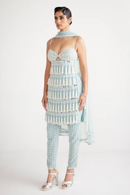 Buy Vvani By Vani Vats Blue Georgette, Net Tassels, Pearls, Embroidery Chandelier Drop Kurta Pant Set Online at Aza Fashions Buy_Vvani By Vani Vats_Blue Georgette, Net Tassels, Pearls, Embroidery Chandelier Drop Kurta Pant Set _Online_at_Aza_Fashions