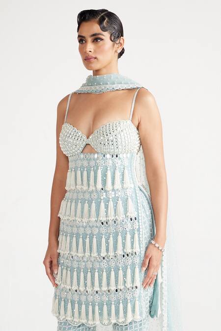 Shop Vvani By Vani Vats Blue Georgette, Net Tassels, Pearls, Embroidery Chandelier Drop Kurta Pant Set Online at Aza Fashions Shop_Vvani By Vani Vats_Blue Georgette, Net Tassels, Pearls, Embroidery Chandelier Drop Kurta Pant Set _Online_at_Aza_Fashions