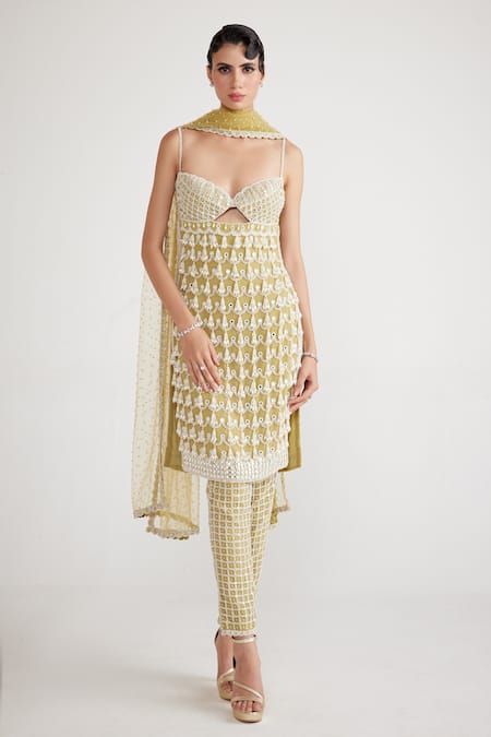 Vvani By Vani Vats Green Georgette, Net Tassels, Scalloped Chandelier Pearl Drop Kurta Pant Set 