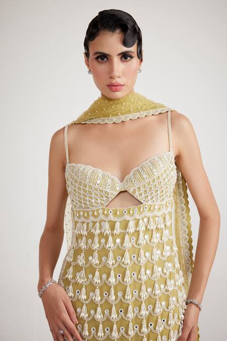 Buy Vvani By Vani Vats Green Georgette, Net Tassels, Scalloped Chandelier Pearl Drop Kurta Pant Set Online at Aza Fashions Buy_Vvani By Vani Vats_Green Georgette, Net Tassels, Scalloped Chandelier Pearl Drop Kurta Pant Set _Online_at_Aza_Fashions